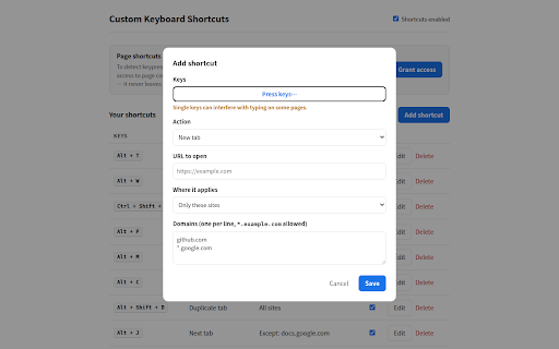 Custom Keyboard Shortcuts — Hotkeys for Chrome :: Create custom keyboard shortcuts and hotkeys for any action. Per-site rules, full export/import, no account, no tracking.