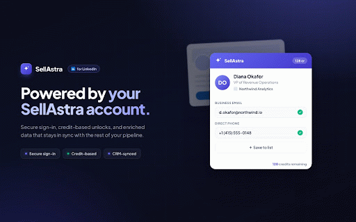 Sellastra: Free B2B Phone Number & Email Finder :: Find verified B2B phone numbers & work emails on any LinkedIn profile. Start free — save leads to your CRM in one click.
