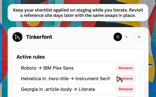 Tinkerfont :: The fastest way to inspect, replace, and test new fonts on live websites.
