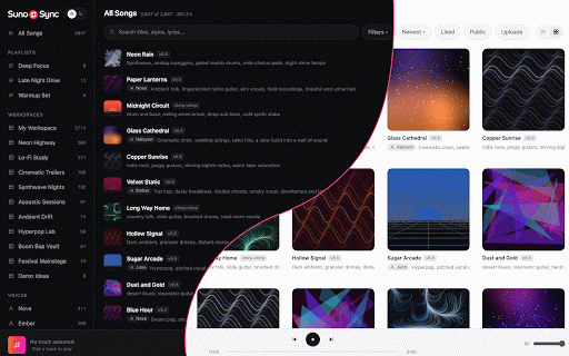 SunoSync · Bulk Suno Downloader :: Bulk Suno downloader: batch download your whole Suno AI library — MP3, WAV, stems, artwork, lyrics — into a folder you choose.