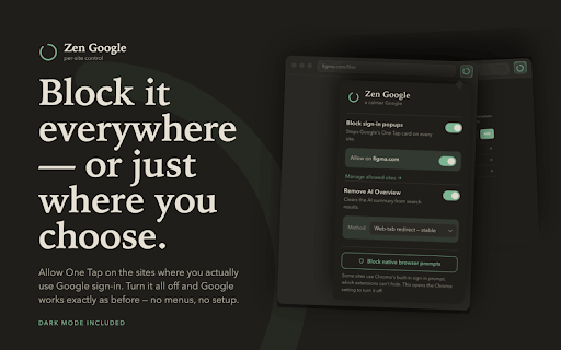 Zen Google – Block Sign-in Popups & AI Overview :: Block the Google sign-in popup and remove AI Overview from search.