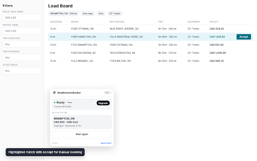 BestAmazonBooker — Amazon Relay Helper :: Filter and highlight Amazon Relay loads. See bobtail and weight on the board. Optional Telegram alerts.