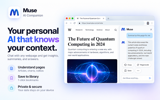Muse AI Companion - Personal Agent & Browser Assistant :: AI Browser Agent & Voice Assistant — summarize, explain. YouTube Summarizer, AI Email Assistant. All-in-one AI for the web.