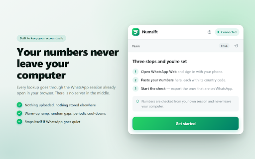 Numsift — Bulk WhatsApp Number Checker & Validator | Export to Excel :: Bulk check which numbers are on WhatsApp. Validate lists, filter by country, spot business accounts, export to Excel or CSV.