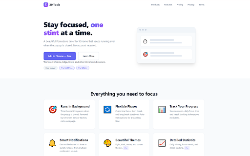 Focus Timer — Stint: Pomodoro Timer for Chrome :: Pomodoro focus timer that runs in background. Customizable breaks, session tracking, and themes. Start focused, one stint at a time.