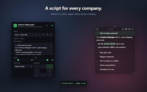Interview Teleprompter :: Read your notes during video calls. Sections, a pop-out window, and auto-hide the moment you share a screen that shows them.