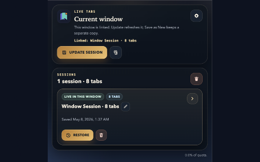 Live Tabs - Session Saver :: Save, pin, organize, and restore local tab sessions from a simple popup.