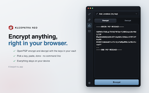 Kleopatra Neo - Secure Email, Passwords & PGP :: Encrypt & decrypt with PGP. Auto email aliases. Zero-knowledge password manager with autofill, AES-256 on your device.