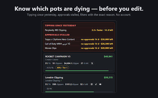 PotScout: Whop Content Rewards Clipping Campaign Filter :: Find the Whop clipping campaign that fits YOUR channel: country rules, platform rates, $/clipper and days left on every card.