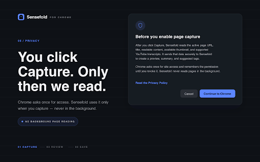 Sensefold Web Clipper: Articles, Videos, Threads, AI Chats, Markdown Export :: Clip articles, YouTube videos, threads & AI chats. Clean text, AI summaries, tags, Markdown export — context your own AI can use.