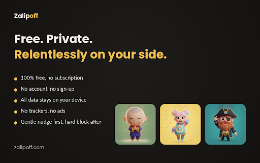 ZalipOff: Website Blocker & Focus Coach - Stop Doomscrolling :: A focus-first browser companion that blocks distracting URLs during focus sessions.