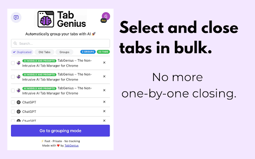 TabGenius – Non-Intrusive Tab Management :: Declutter your browser tabs with AI-powered grouping, filtering & bulk closing.