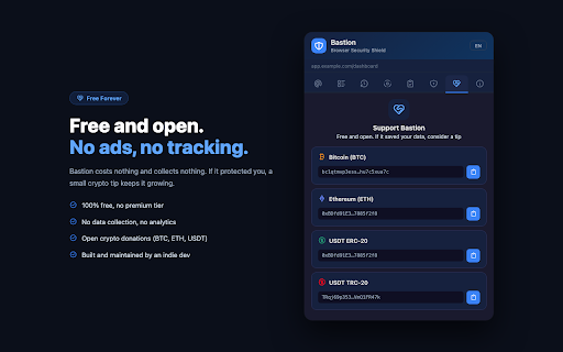 Bastion :: Bastion — Browser Security Shield: anti-fingerprint, anti-phishing, quantum-ready TLS, token scanner, tracker blocker