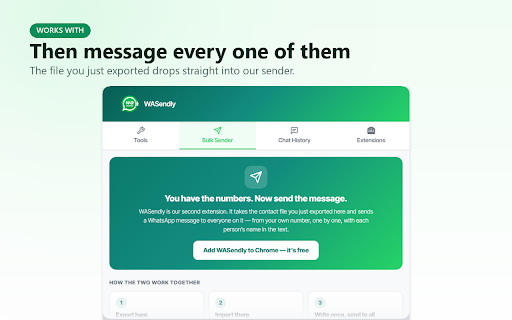 Export WhatsApp Contacts, Group Members & Chat Backup to Excel – WASendly :: Export & extract WhatsApp contacts, group members & phone numbers to Excel, CSV, vCard. Back up chat history as HTML with photos.