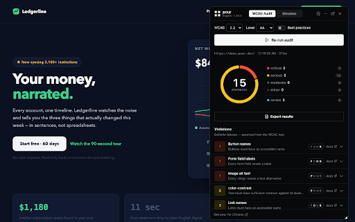 pour - Accessibility Checker & WCAG Audit :: One-click accessibility checker: WCAG 2.2 audits, contrast checks, exact fixes, and vision, sensory and motor filters.