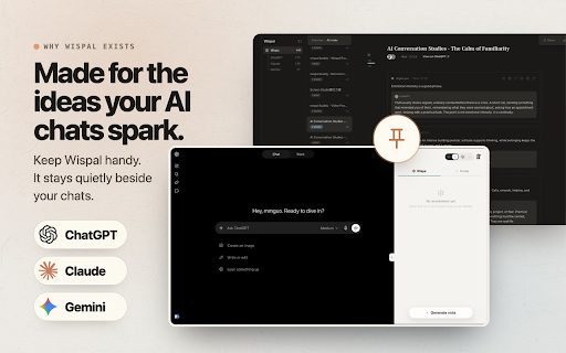 Wispal: Highlight & Annotate ChatGPT, Claude & Gemini Chats :: Highlight what matters in ChatGPT, Claude, Gemini. Annotate by voice or text, organize across chats, jump back to original context.