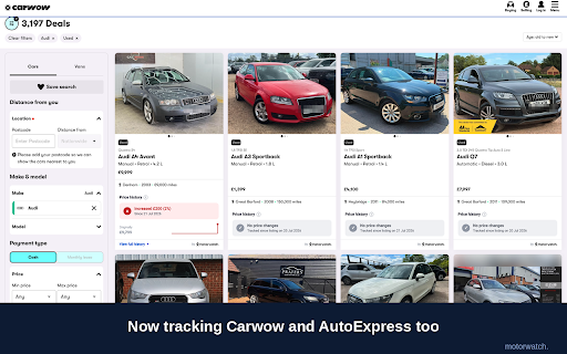 Motorwatch - car price tracker :: Free price & MOT history tracker for AutoTrader UK, Carwow, Cinch and more — 7 sites in total. No sign-up needed.