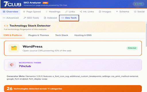 7thClub SEO Analyzer Pro :: On-page SEO analyzer: meta, headings, links, images, Core Web Vitals, schema, SERP preview, AEO/GEO scoring & audit reports.