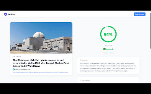 FactScope :: AI-powered misinformation detection. Scan any page or image for trust signals, fact-checks, and community verification.