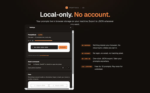 PromptDock: AI Prompt Manager :: Save your best AI prompts and reuse them on Claude, ChatGPT and Gemini with a slash command. Local-only, no account needed.