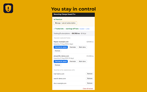 Recurring Charge Guard Pro :: Warns you before recurring charges at checkout, tracks your subscriptions, and reminds you to cancel before you're billed.