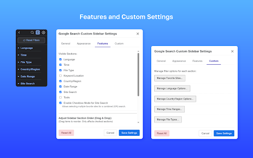 Google Search Custom Sidebar :: Customizable Google Search sidebar: quick filters (lang, time, filetype, country), site search, Verbatim & Personalization tools
