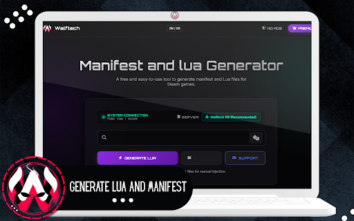 Walftech Lua Generator :: Generate SteamTools LUA files instantly. Denuvo detection, DLC count and Walftech database check.