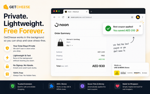 GetCheese - Auto Apply Coupons on UAE Stores :: Automatically apply coupons on top UAE stores like Noon, Namshi, Ounass, 6thStreet & more.