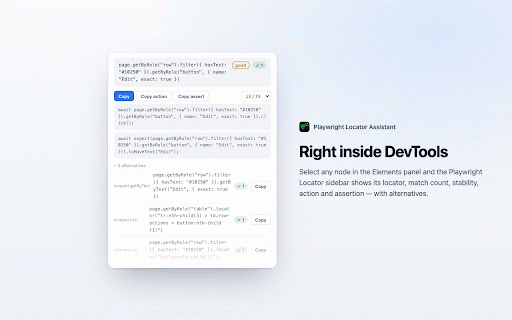 Playwright Locator Assistant :: Generate, verify and record stable Playwright locators for any element. Python, JS/TS, Java and C#.