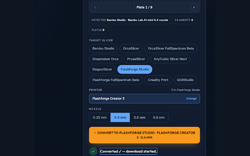 NozzleBuddy Convert :: Send sliced 3MF files from model sites to NozzleBuddy — convert across 10 slicers & hundreds of printers, full-spectrum included.
