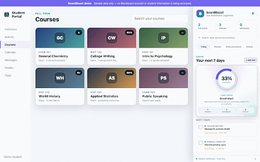 BoardBoost - Student LMS Dashboard :: A better dashboard for Blackboard Learn Ultra with tasks, announcements, grades, course customization, and dark mode.