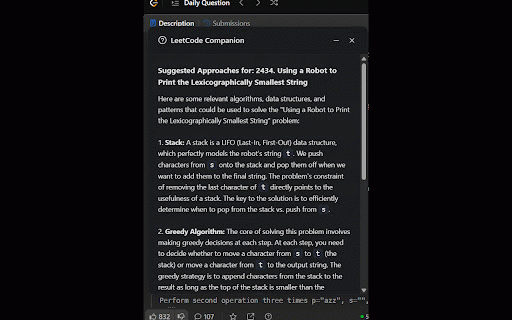 LT Companion :: Your AI LeetCode assistant: hints, code analysis, test cases, approach suggestions, and focused practice mode.