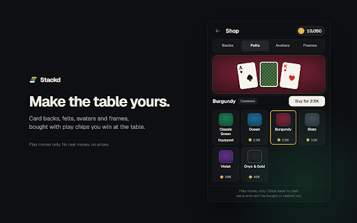 Stackd: Play-Money Blackjack, Poker & Roulette :: Play money only. No real money, no prizes, chips can't be bought or cashed out. Blackjack, Hold'em and roulette with friends.