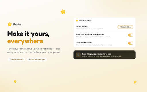 Universal Wishlist – Save Products from Any Website | Farha :: One-click save from Amazon, Etsy, eBay, Shopify or any store to your universal wishlist. Syncs with the free Farha app.