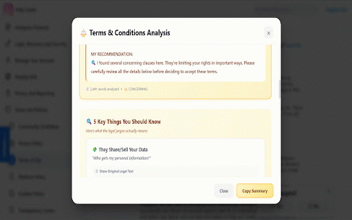 ClearTerms - T&C Summarizer :: Automatically detect and summarize Terms & Conditions with AI-powered analysis