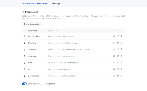 Conventional Comments :: Autocomplete picker for Conventional Comments labels and decorations in GitHub and GitLab MR/PR comment boxes.