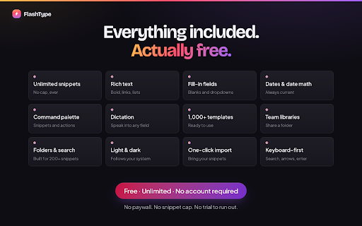 FlashType — Free Text Expander & Snippets :: Unlimited free text snippets that expand anywhere. No account, no limits. Import from Text Blaze, Magical & TextExpander.