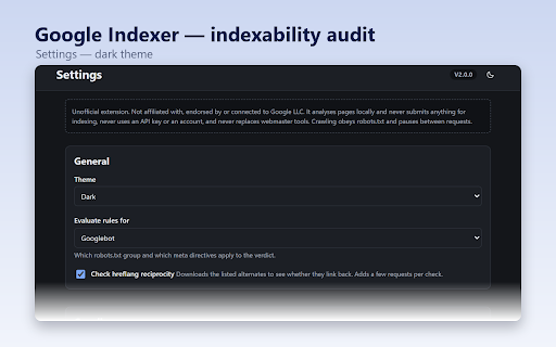 Google Indexer — indexability audit :: Unofficial offline auditor: robots.txt, meta robots, canonical, hreflang, structured data, sitemap. Submits nothing.