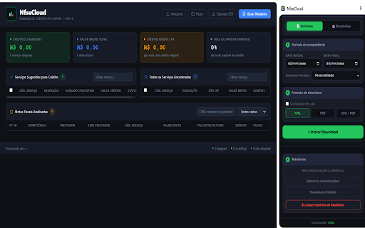 NfseCloud – Portal NFS-e :: Baixe XMLs e PDFs de NFS-e emitidas e recebidas direto do portal nfse.gov.br. Filtre por período, comprima em zip e gere relatórios.