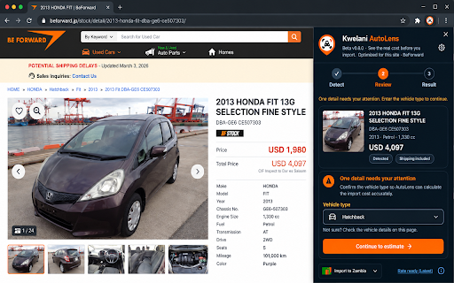 Kwelani AutoLens :: Review vehicle listing details and estimate potential landed costs for importing into Zambia.