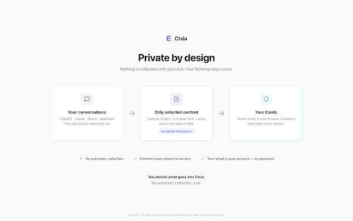 Ctxia — AI Memory for ChatGPT & Claude :: Save, organize, and reuse AI conversations from ChatGPT, Claude, Gemini, and DeepSeek with AI-powered knowledge cards.