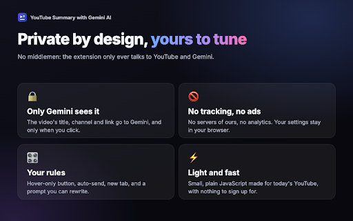 YouTube Summary with Gemini AI – 1-Click :: Summarize YouTube videos with Gemini in one click. Customize prompts for key points, study notes and translations. Free, no ads.