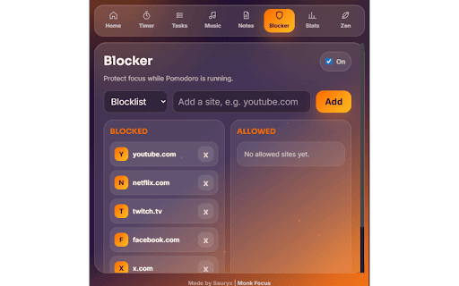 Monk Focus :: Monk Focus is your all-in-one productivity companion. Modern Pomodoro timer, to-do list, quick notes, stats, and distraction blocker