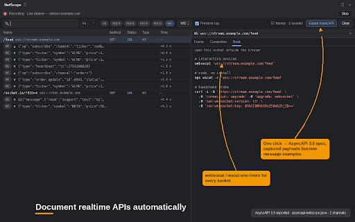 NetScope – Search Network Responses & WebSockets :: DevTools panel: search response bodies and live WebSocket frames, copy as cURL, export captured WS traffic as AsyncAPI 3.0.