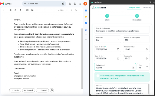 Lab Event :: Grâce à Lab Event, vous pouvez créer des événements directement à partir de vos emails et sourcer vos prestataires.