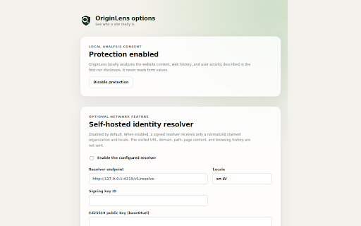 OriginLens :: Local-first phishing warnings using claimed identity, sensitive-data intent, verified domains, and bounded page behavior.
