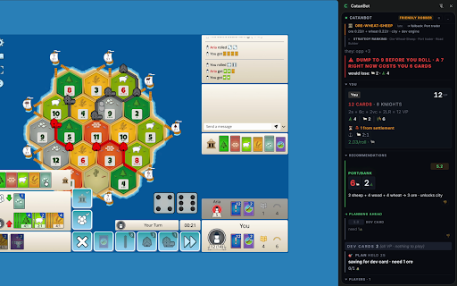CatanBot: Colonist HUD :: Live Catan advisor for colonist.io. Move recs, robber & dev-card timing, opponent card tracking, post-game analysis. Local-only.