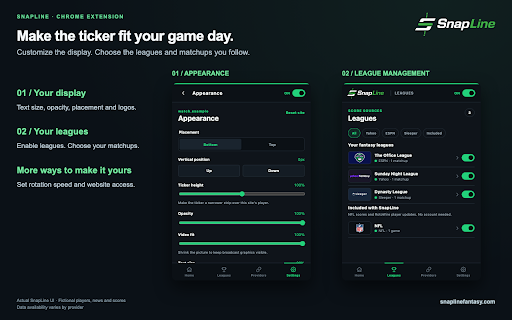 SnapLine - Fantasy Football Ticker :: Live fantasy scores over videos and webpages. Uses fantasy data provided by Yahoo Fantasy, plus ESPN and Sleeper.