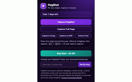 PegShot - Custom Shape Screenshots, Text Extraction, Redaction & PDF Export :: Capture custom-shape screenshots, extract text, redact sensitive data, copy to clipboard, and export webpage selections as PDF.