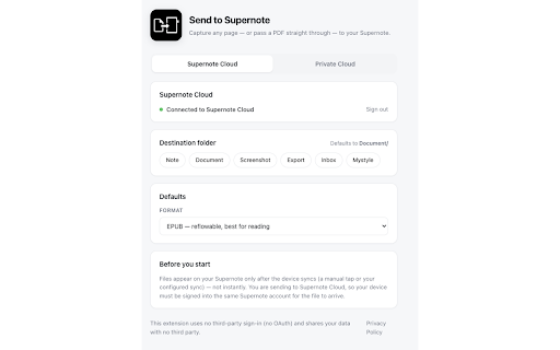 Send to Supernote :: Capture the current web page and send it to your Supernote tablet via Supernote Cloud or your own Private Cloud.